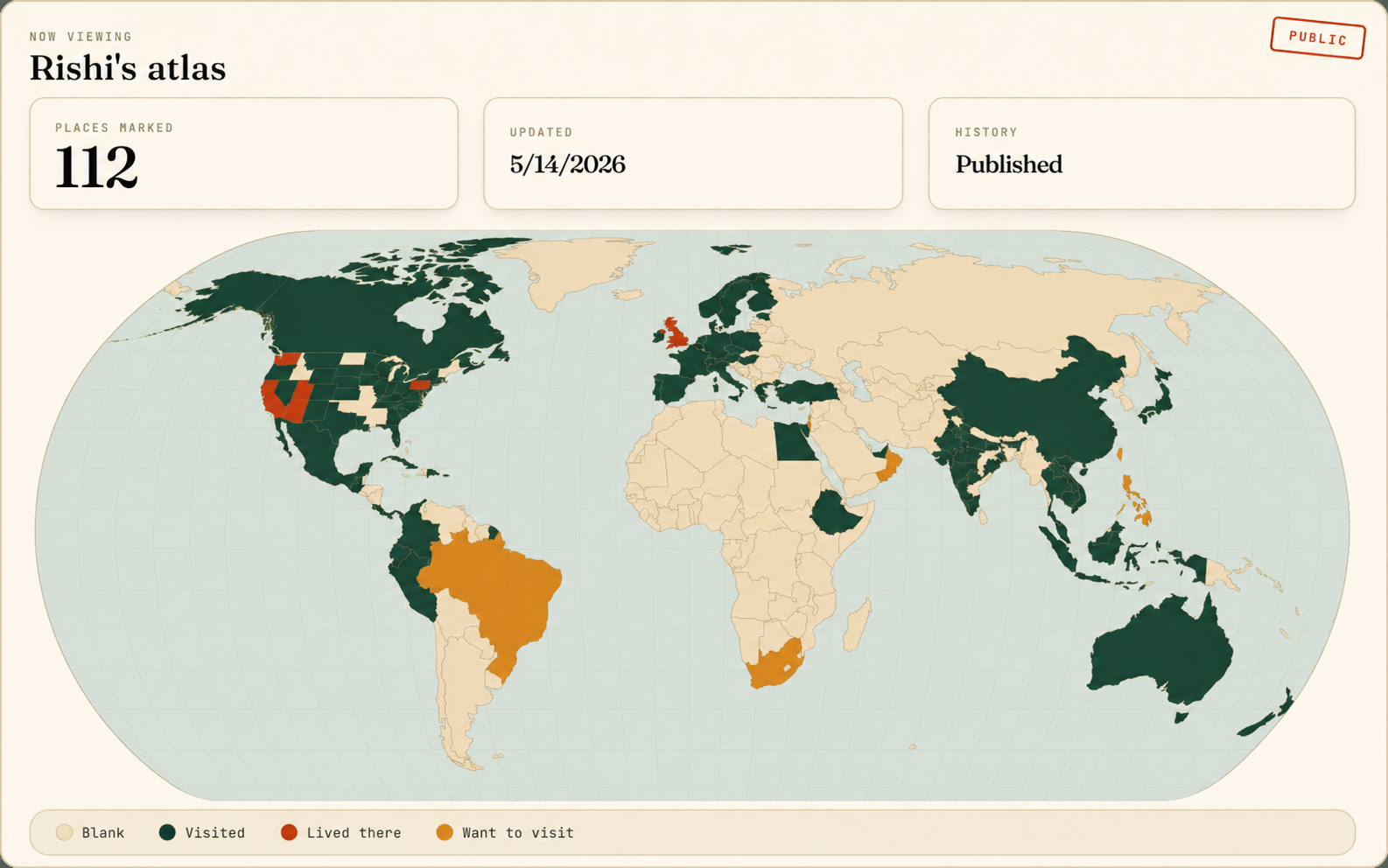 Where I’ve Been project interface showing a world atlas of visited places.